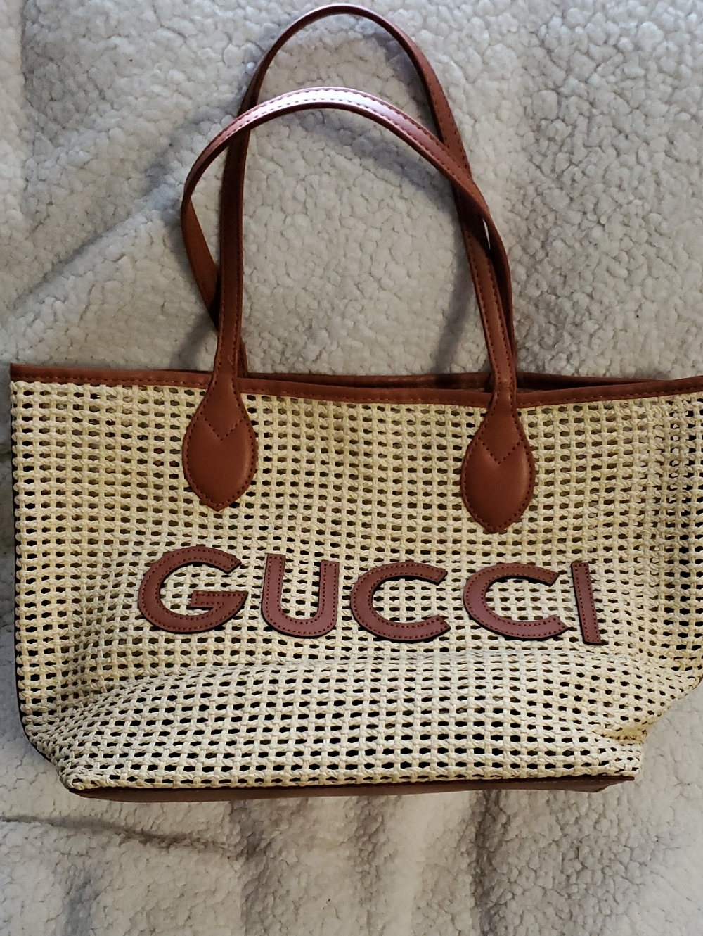 Fashionbag Beach Bag Gg Boutique Beige Woven Tote with Brown Trim Fashion Bag